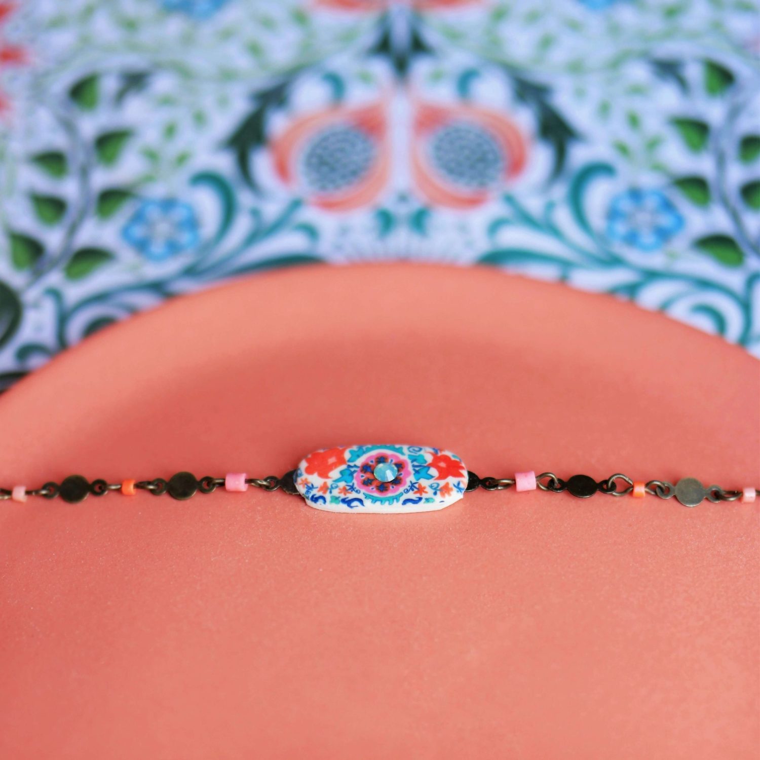 11prunes-suzanne-bracelet-boh-me-laiton-motif-suzani-orange-rose image 4