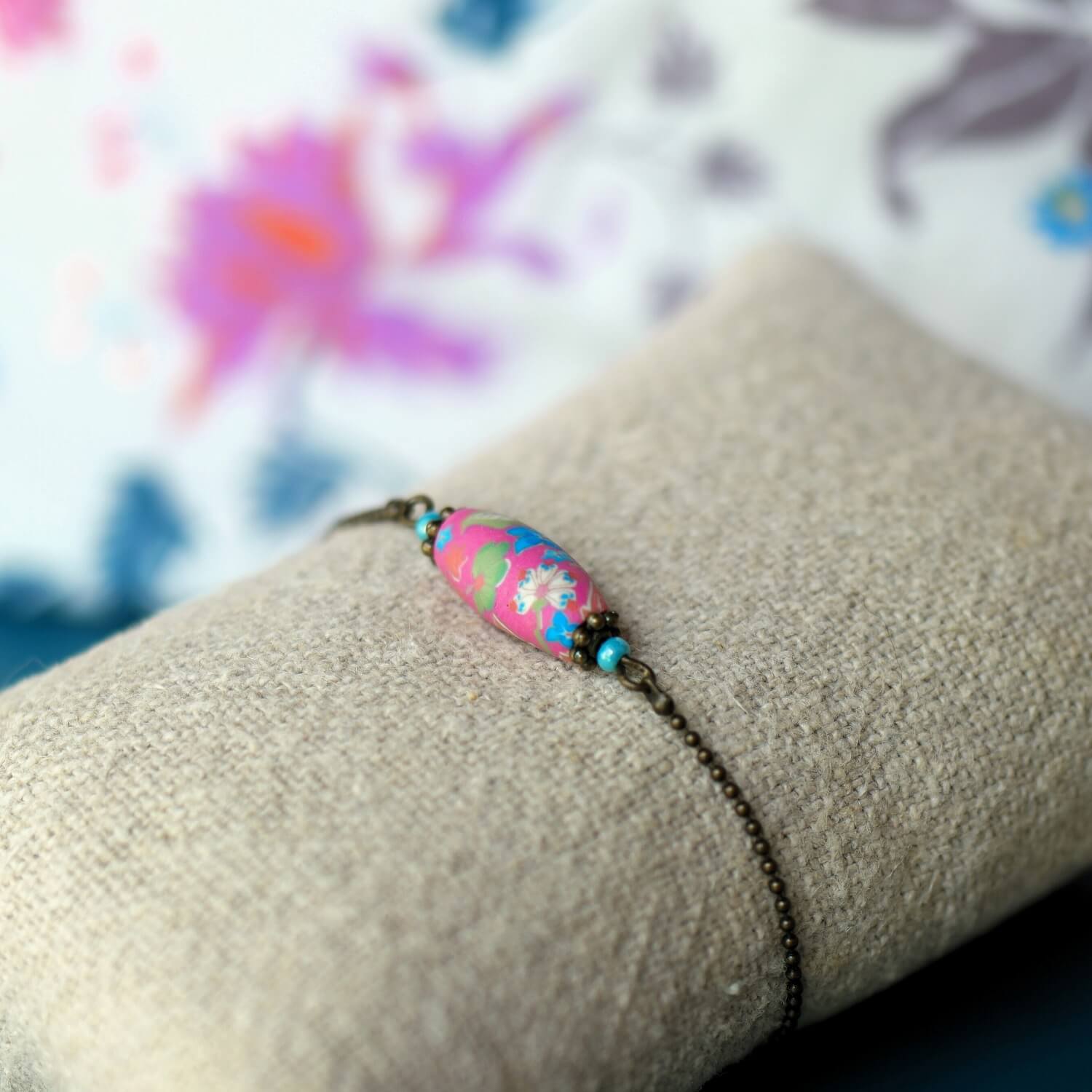 11prunes-mirabilis-bracelet-boh-me-laiton-perle-florale-rose-bleu image 4