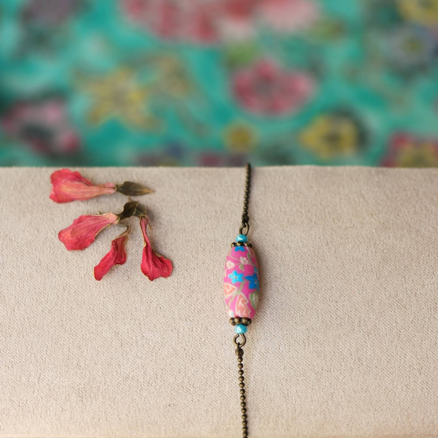 11prunes-mirabilis-bracelet-boh-me-laiton-perle-florale-rose-bleu image 3