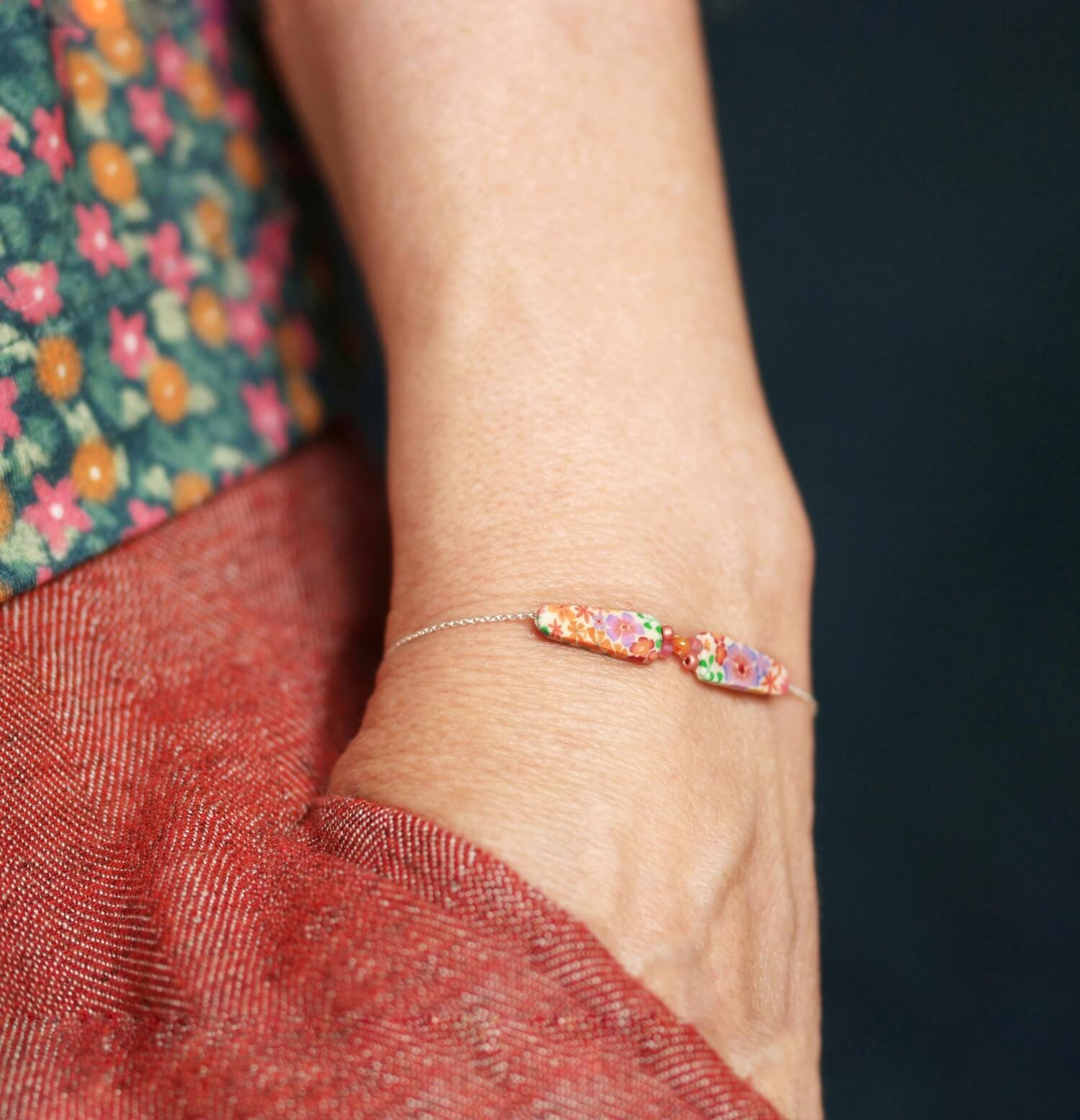 11prunes-lob-lie-bracelet-fin-argent-925-floral-orange-mauve-15cm image 2