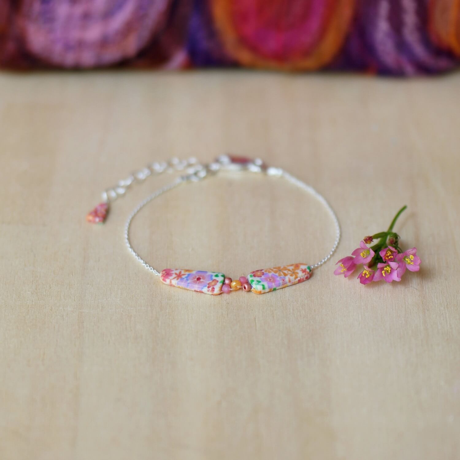 11prunes-lob-lie-bracelet-fin-argent-925-floral-orange-mauve-15cm image 4