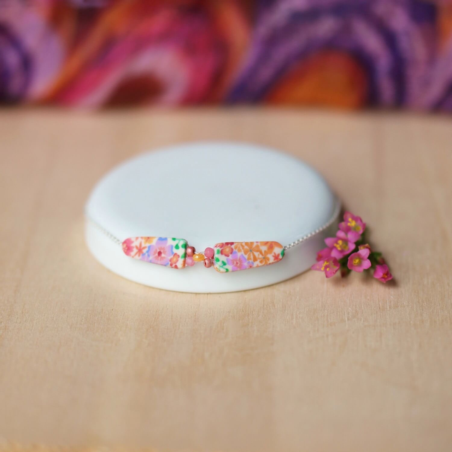 11prunes-lob-lie-bracelet-fin-argent-925-floral-orange-mauve-15cm image 3