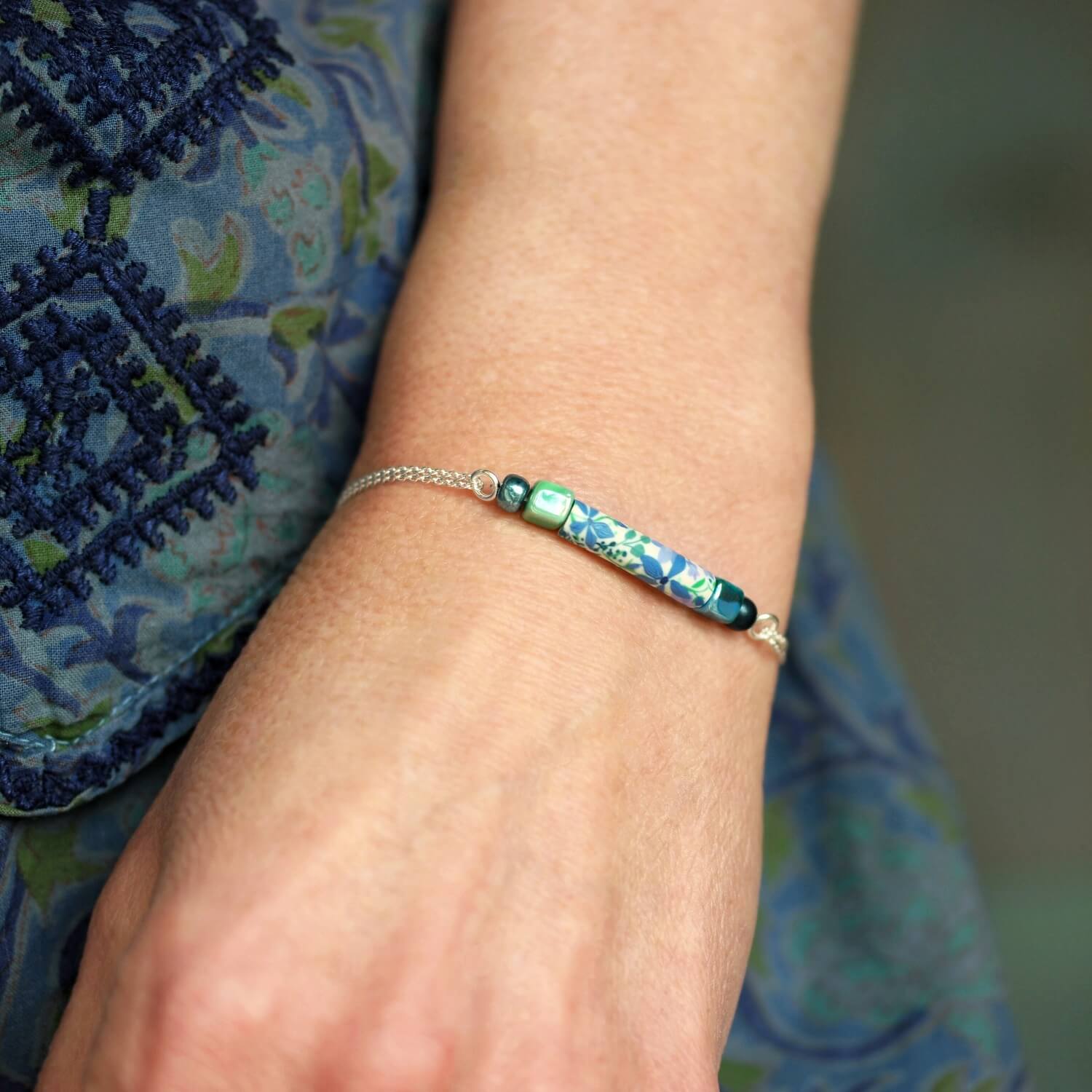 11prunes-phac-lie-bracelet-perles-vert-bleu-argent-925-16-cm image 2