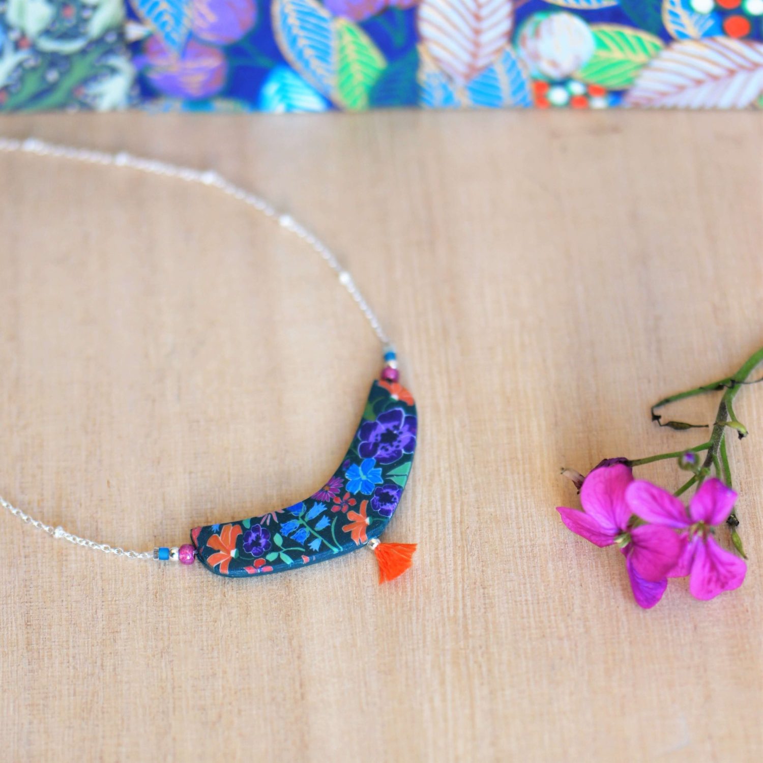 11prunes-an-mone-collier-argent-925-floral-pompon-orange image 2