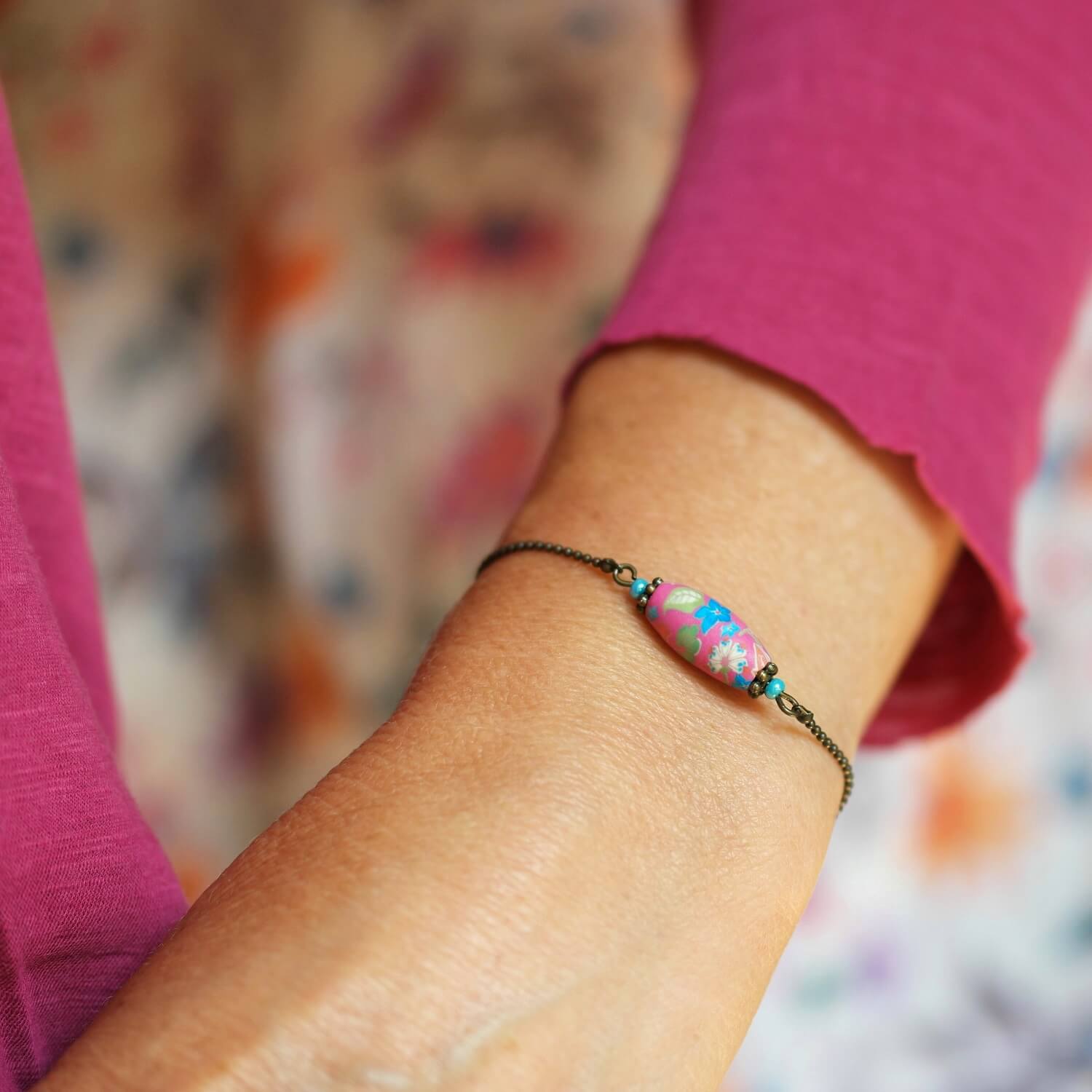 11prunes-mirabilis-bracelet-boh-me-laiton-perle-florale-rose-bleu image 2