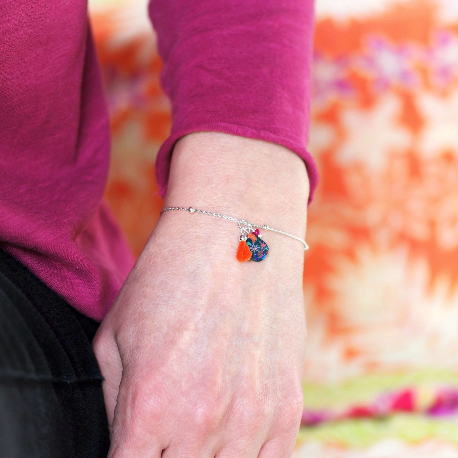 11prunes-an-mone-bracelet-argent-925-pompon-orange-floral image 2