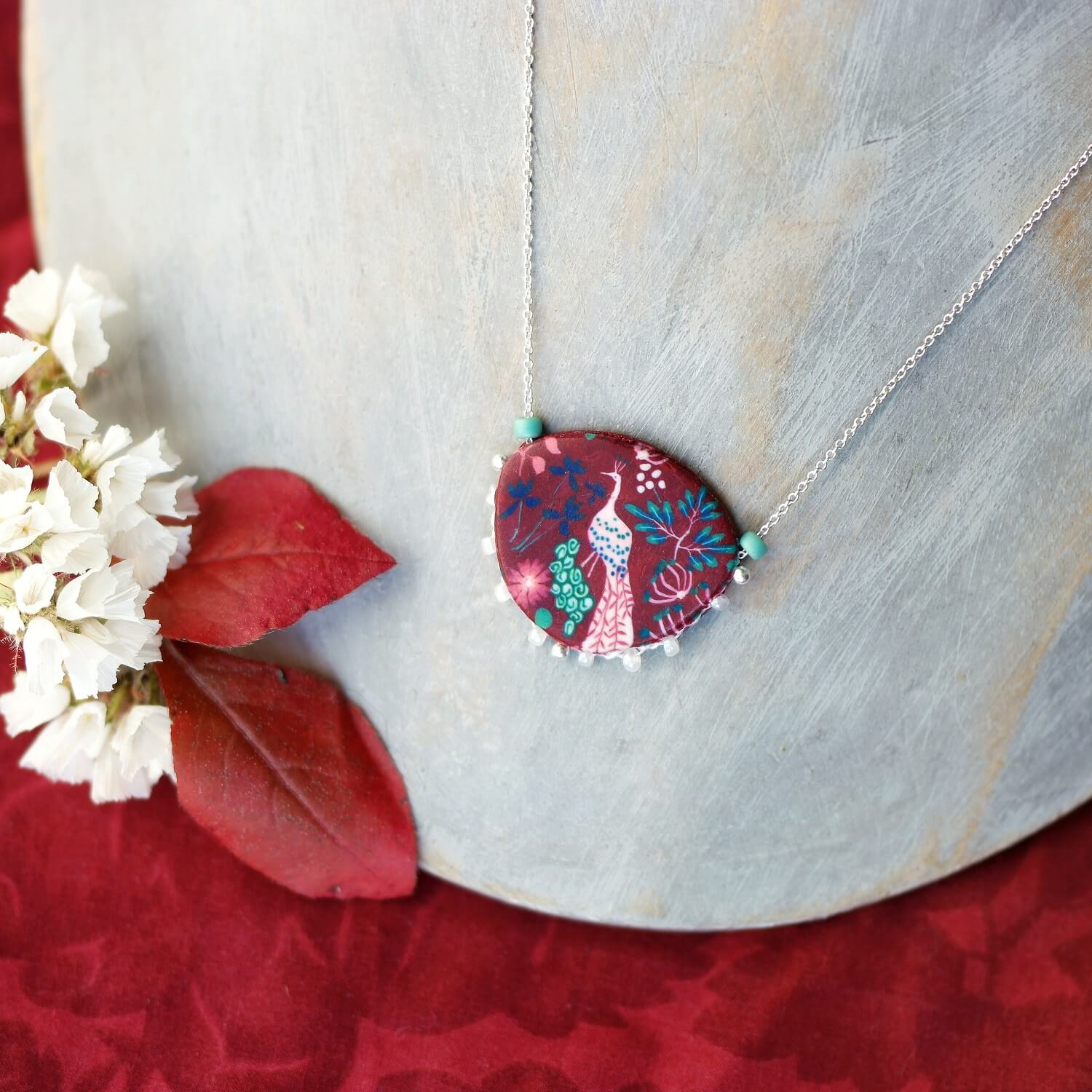 11prunes-pigamon-collier-pendentif-paon-bordeaux-argent-925 image 3