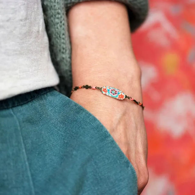 11prunes-suzanne-bracelet-boh-me-laiton-motif-suzani-orange-rose image 1