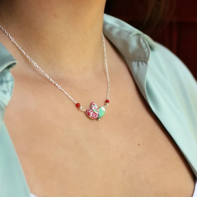 11prunes-sollya-collier-fleur-rouge-vert-d-eau-argent image 1