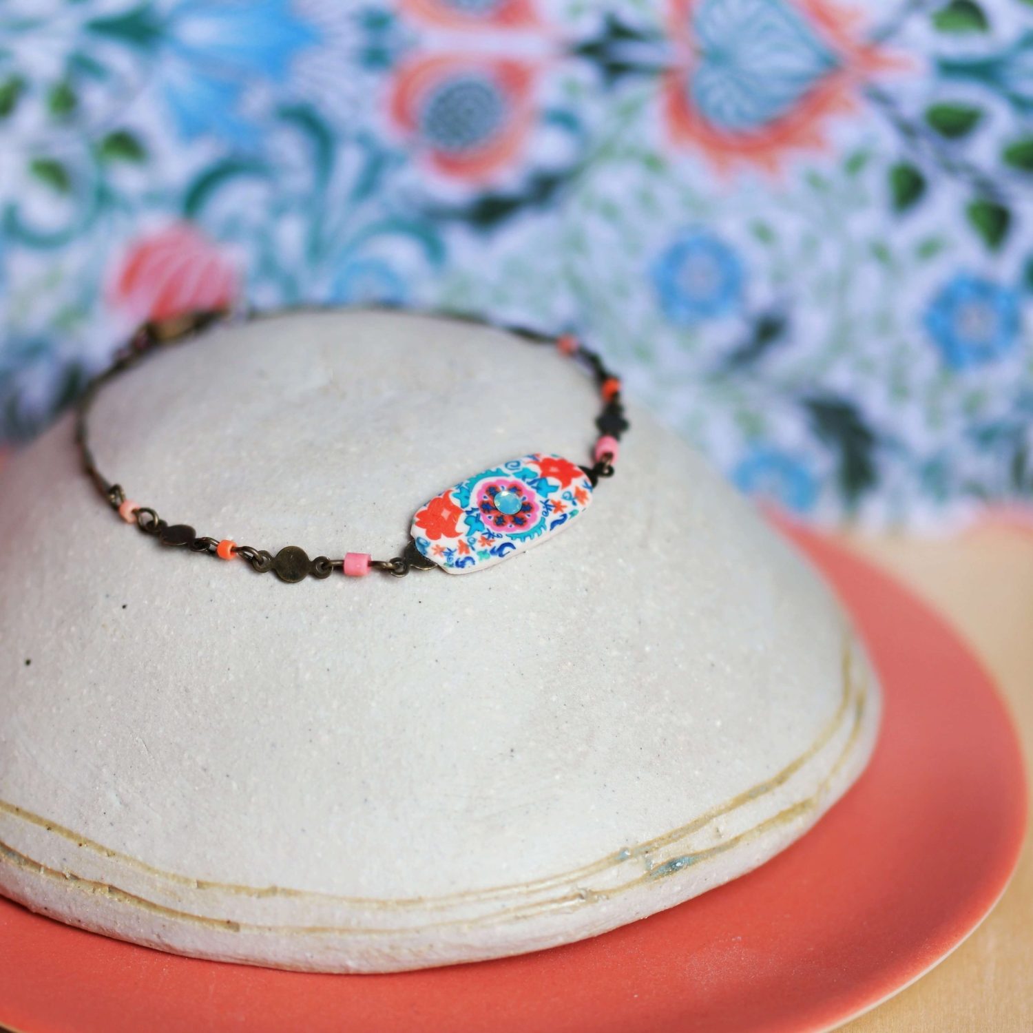 11prunes-suzanne-bracelet-boh-me-laiton-motif-suzani-orange-rose image 3